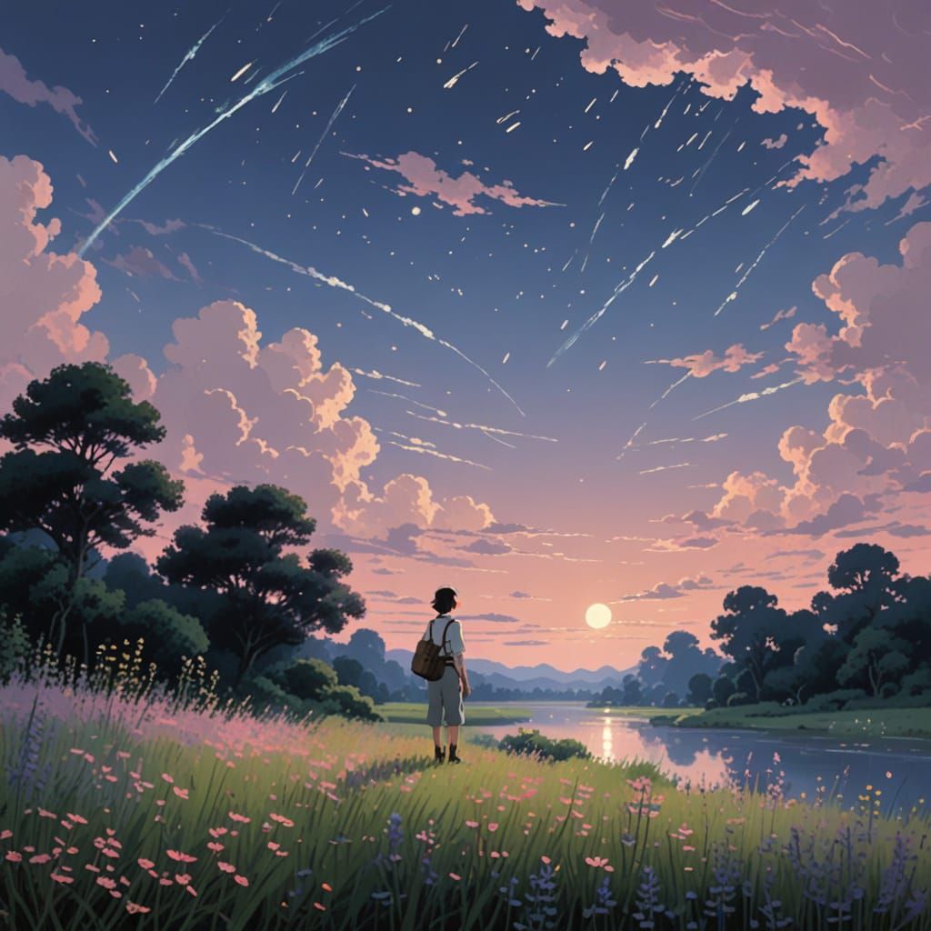 Dreamy Impressionist Landscape with Fireflies and Wildflower...