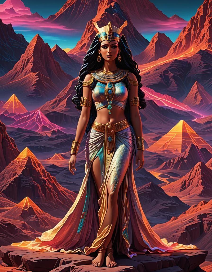 Stunning Egyptian Goddess in Neon Mountain: 3D Pop-Up Art