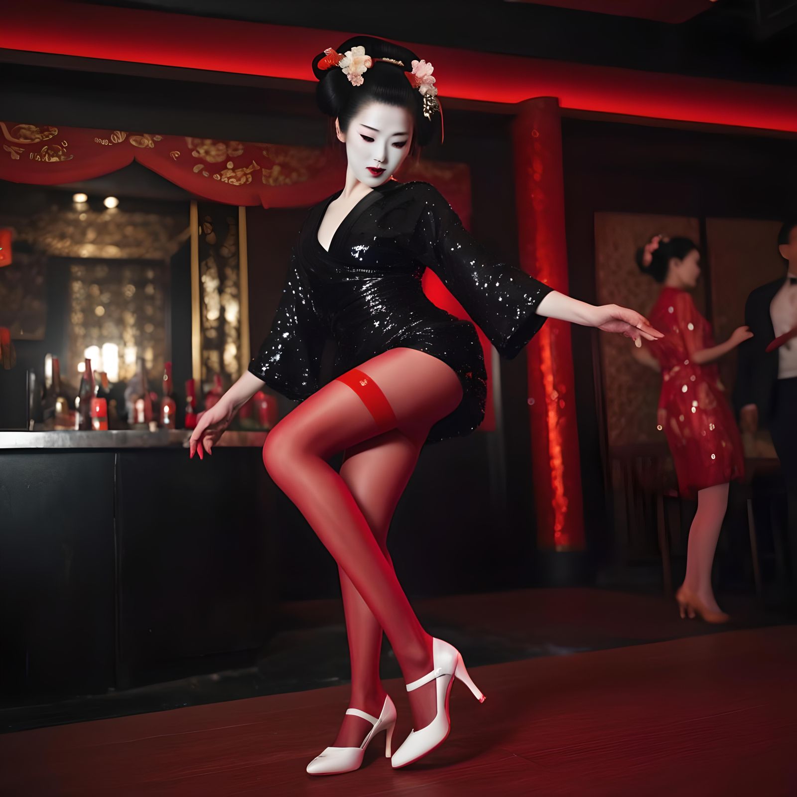 Geisha Dancing at Club in Vibrant Colors