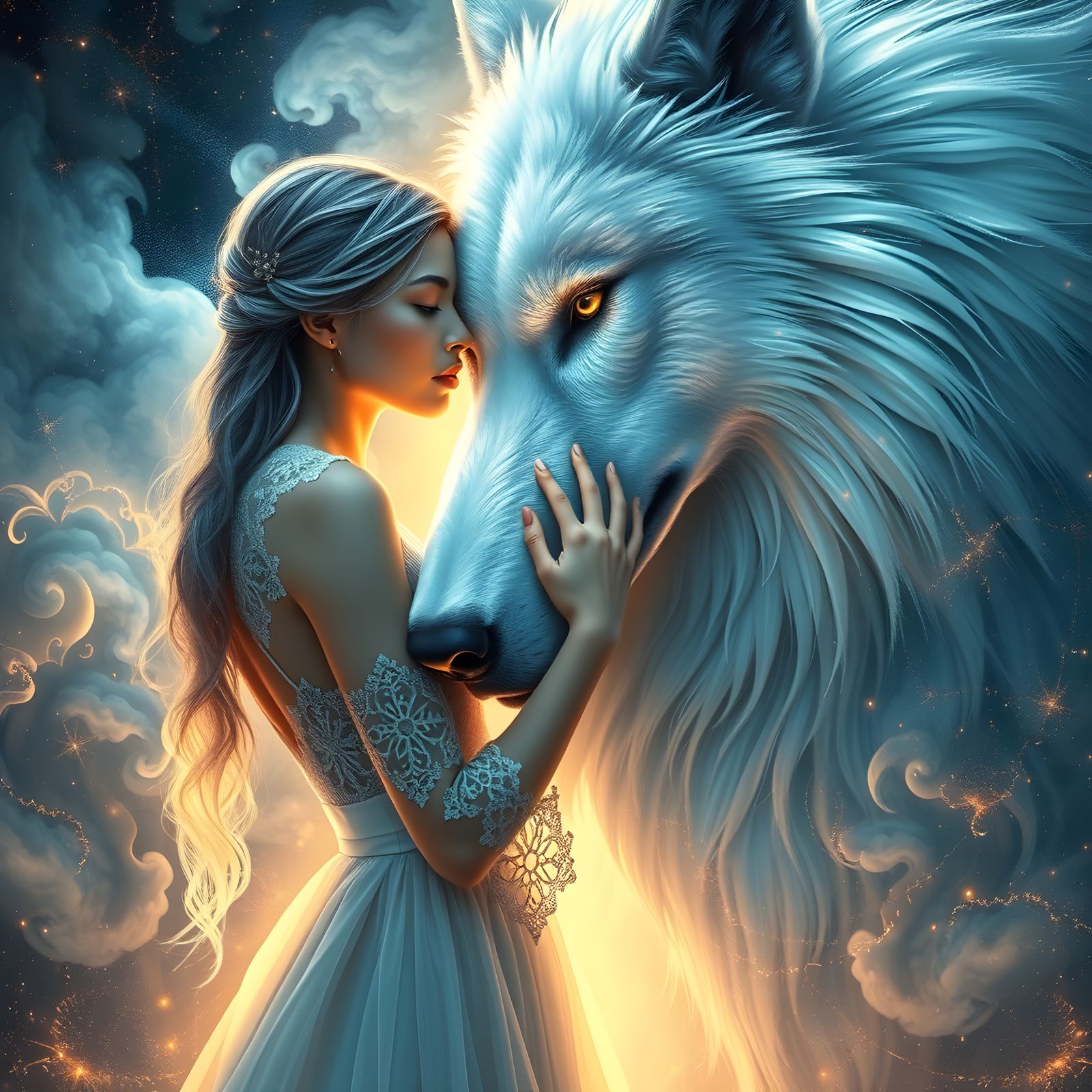 Woman Embraces Ice Wolf: Holographic Astral Illustration