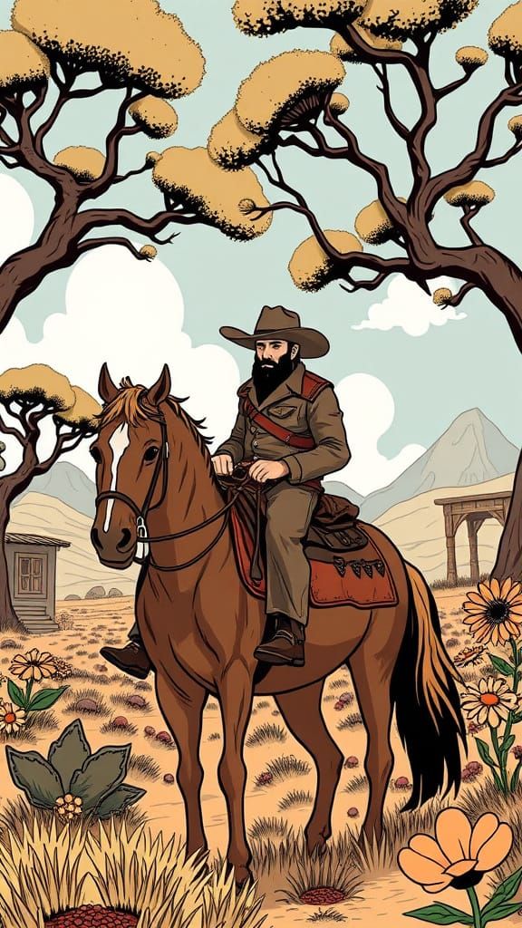 Cartoon Cowboy Rides in Vibrant Wild West Landscape