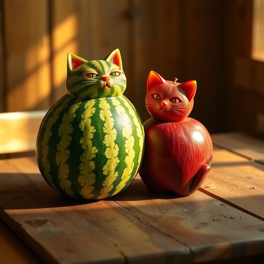 Whimsical Feline Fruit Still Life in Warm Golden Light