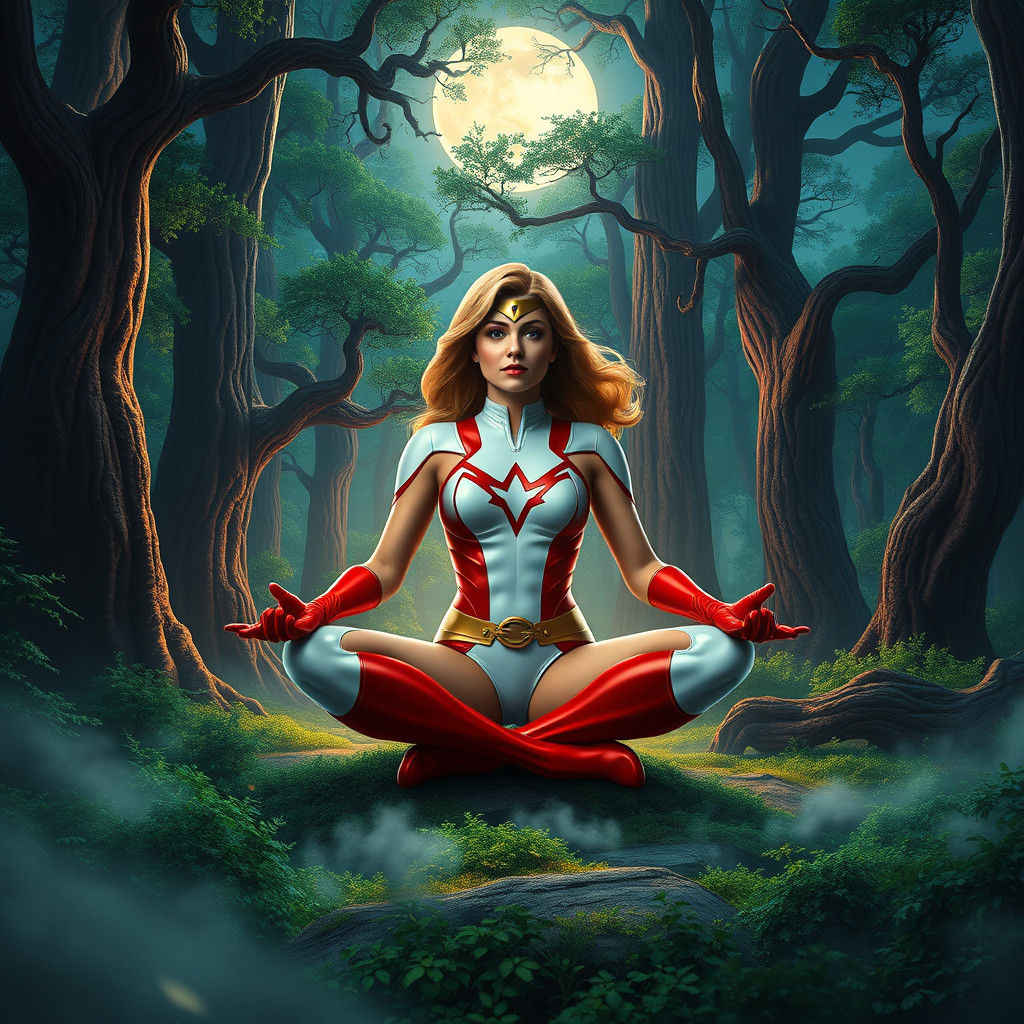Power Girl Meditating in Moonlit Forest