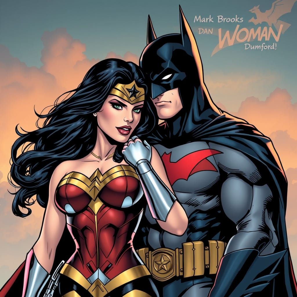 Wonder Woman and Batman in a Romantic Comic Book Art Style