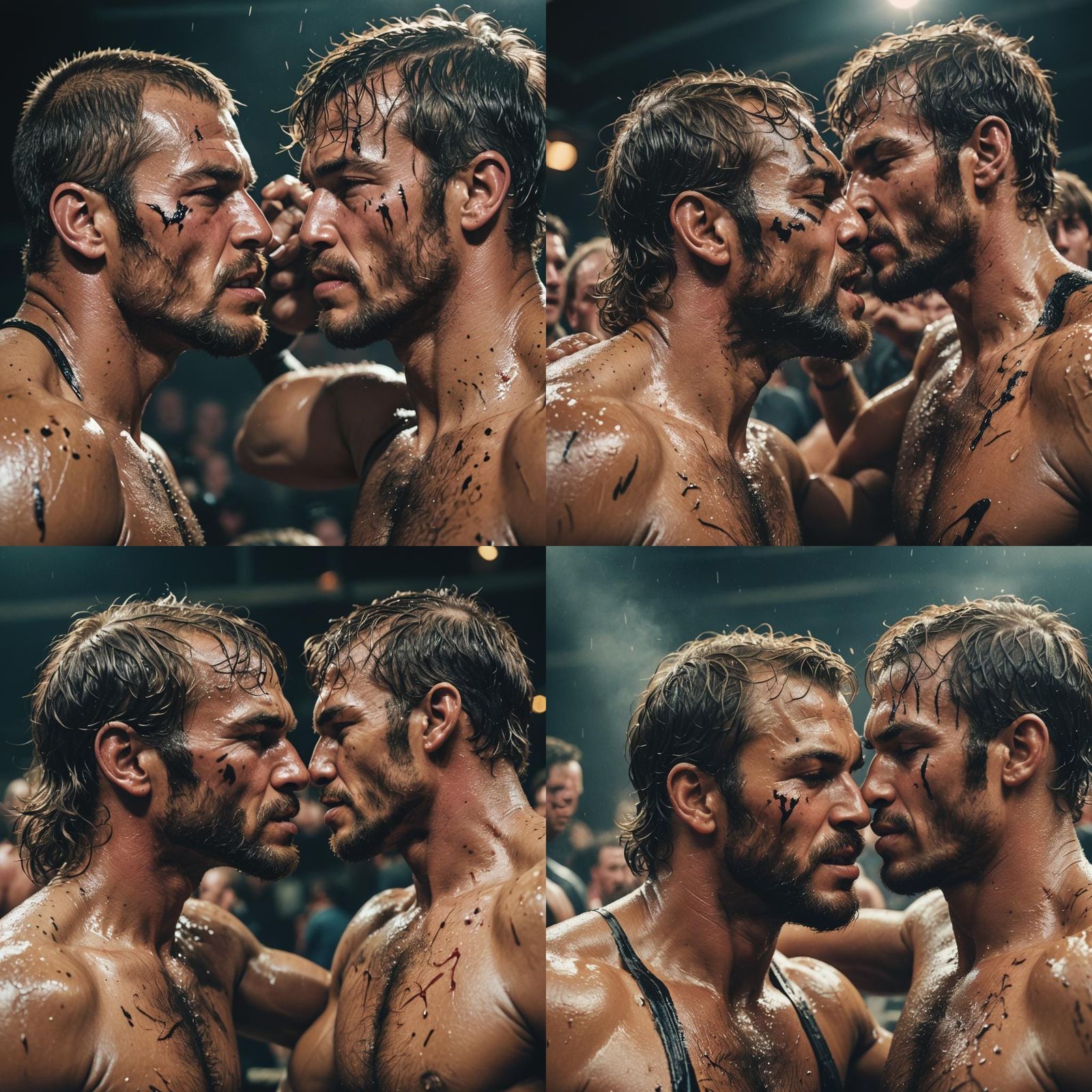 Cinematic Oil Wrestling Kiss: Dramatic Film Still