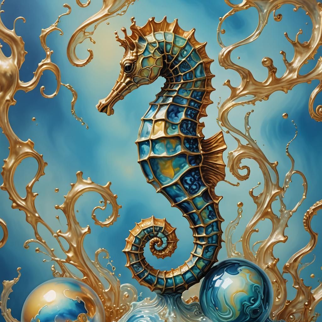 Surreal Seahorse on Orb in Dreamlike Ocean