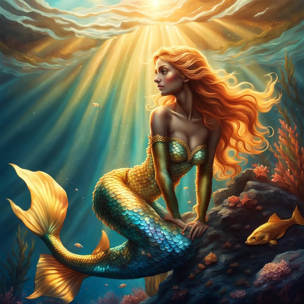 Mermaid and Scaly Mount in Golden Light