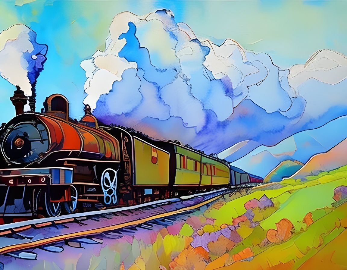Steam Train in Watercolor and Ink Art