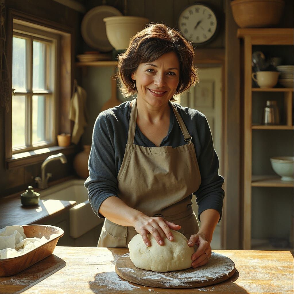 Woman Kneading Sourdough in Sunlit Rustic Kitchen Oil Painti...