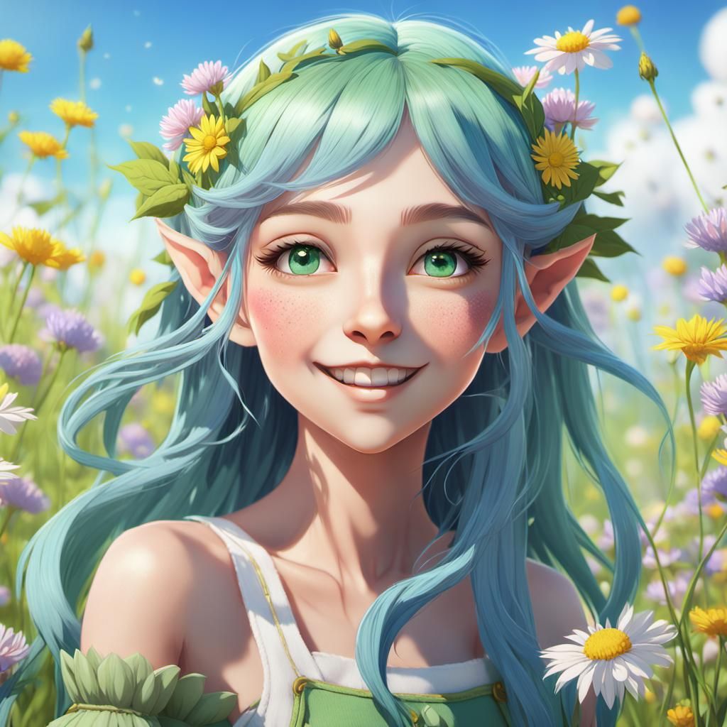 Cartoon Elf-Maiden in Sunny Meadow, Anime Style