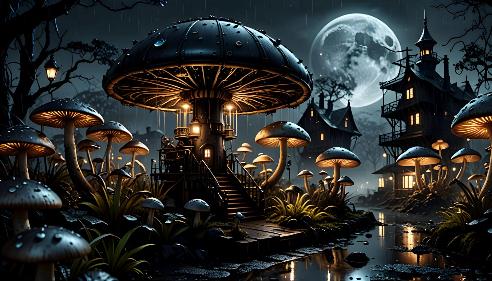 Steampunk Mushrooms in Moonlit Fog