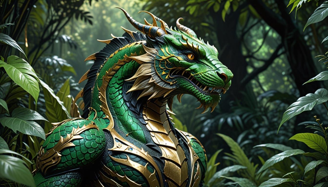 Basilisk on Tiger Body in Lush Jungle Clearing