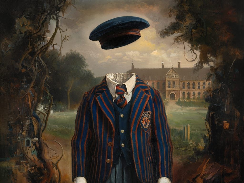 Surrealist Schoolboy in Eerie Victorian Landscape