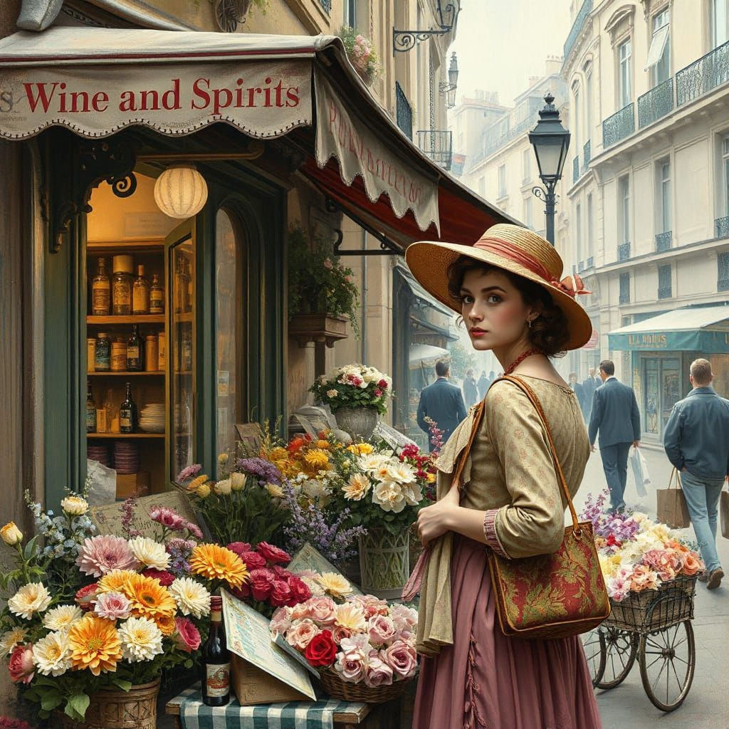 Parisian Flower Seller in Vintage Style Street Scene
