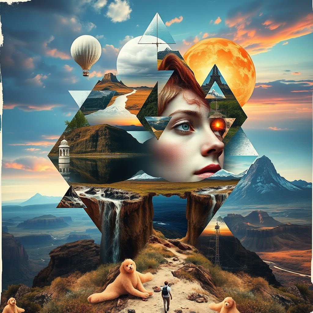 Surreal Digital Collage in Vibrant Hues and Geometric Shapes