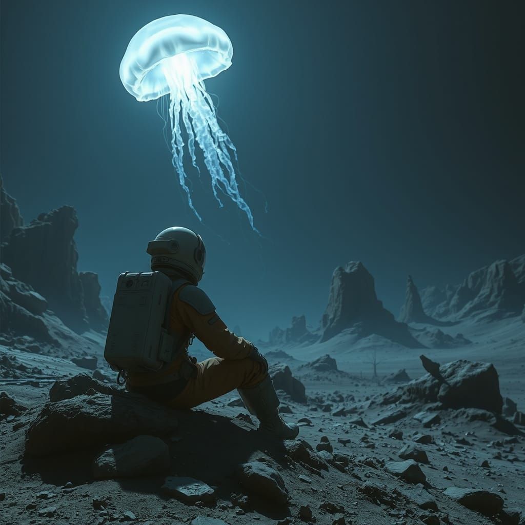Astronaut Contemplates Giant Bioluminescent Jellyfish on Ali...