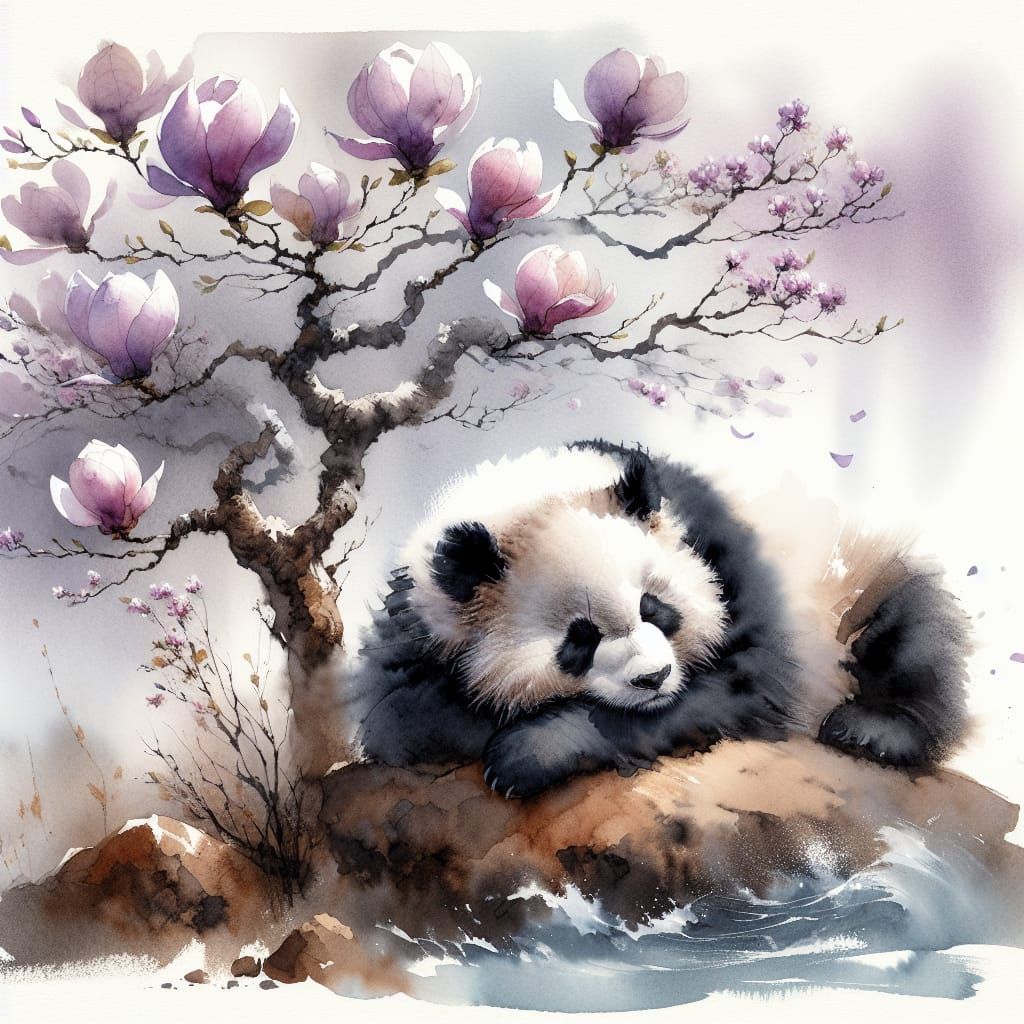 Panda's Peaceful Nap Under Lavender Magnolia: Watercolor Art