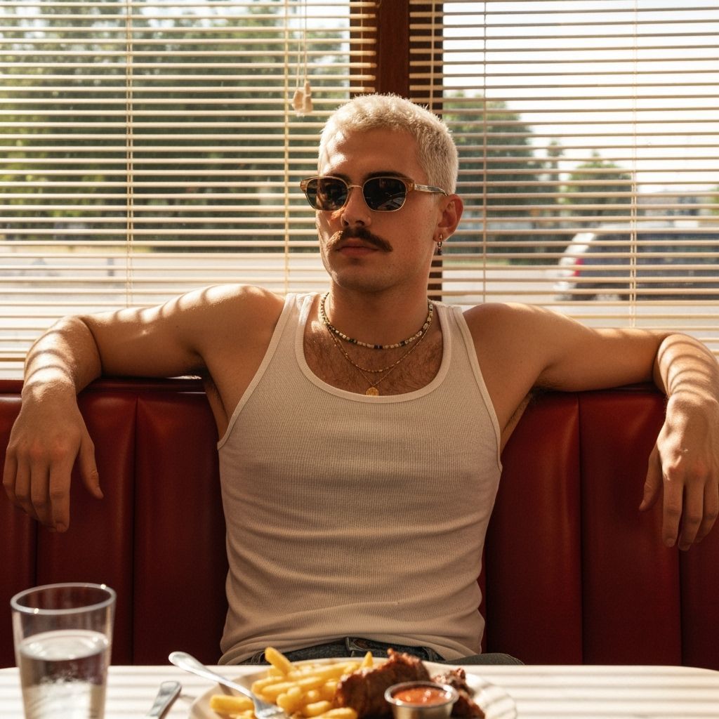 Man Relaxing in Retro Diner Booth with Warm Sunlight