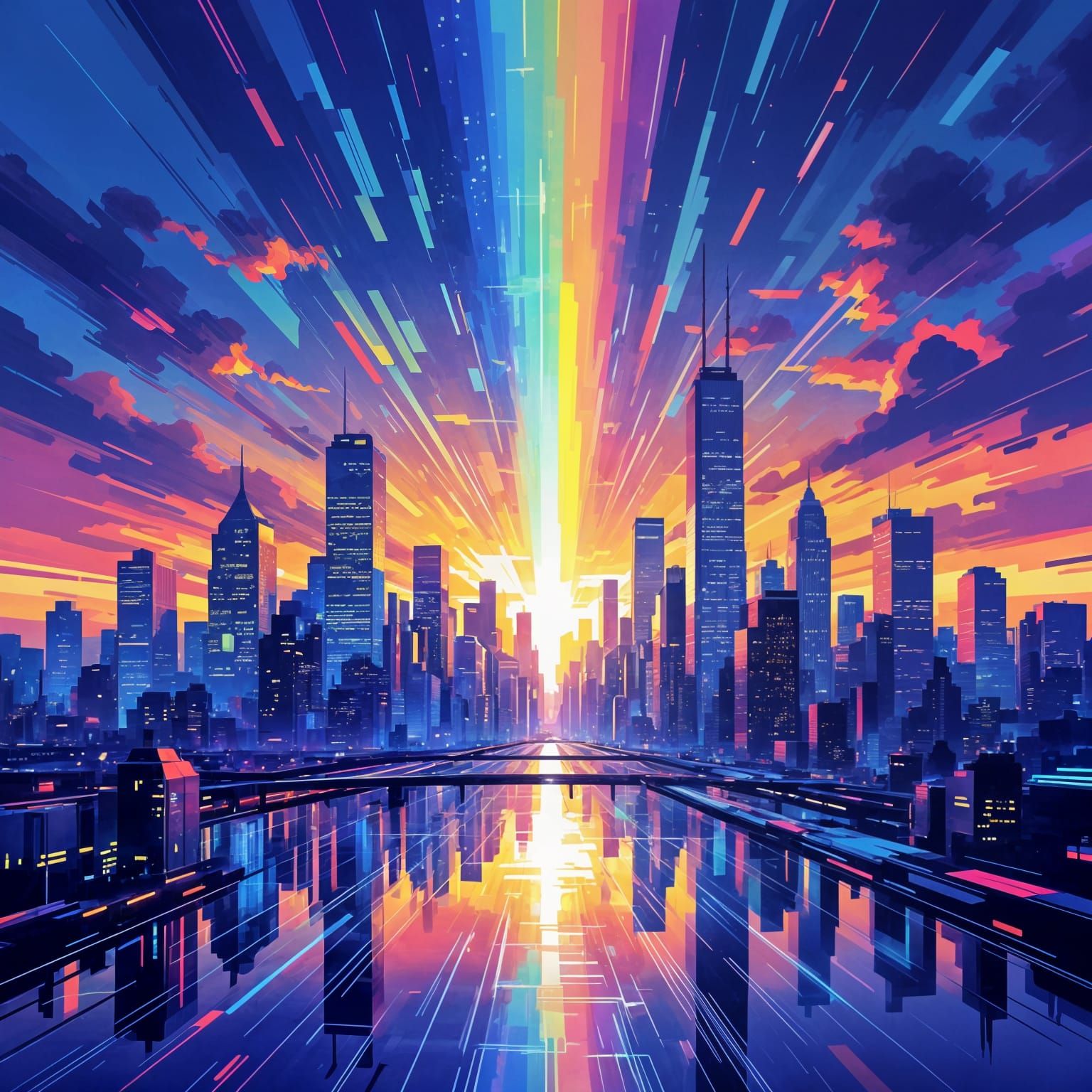 Abstract Acrylic Cityscape at Dusk: Urban Prism Reverie