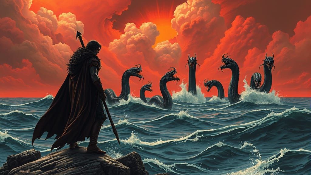 Dark Fantasy Warrior at Edge of Seven Black Seas