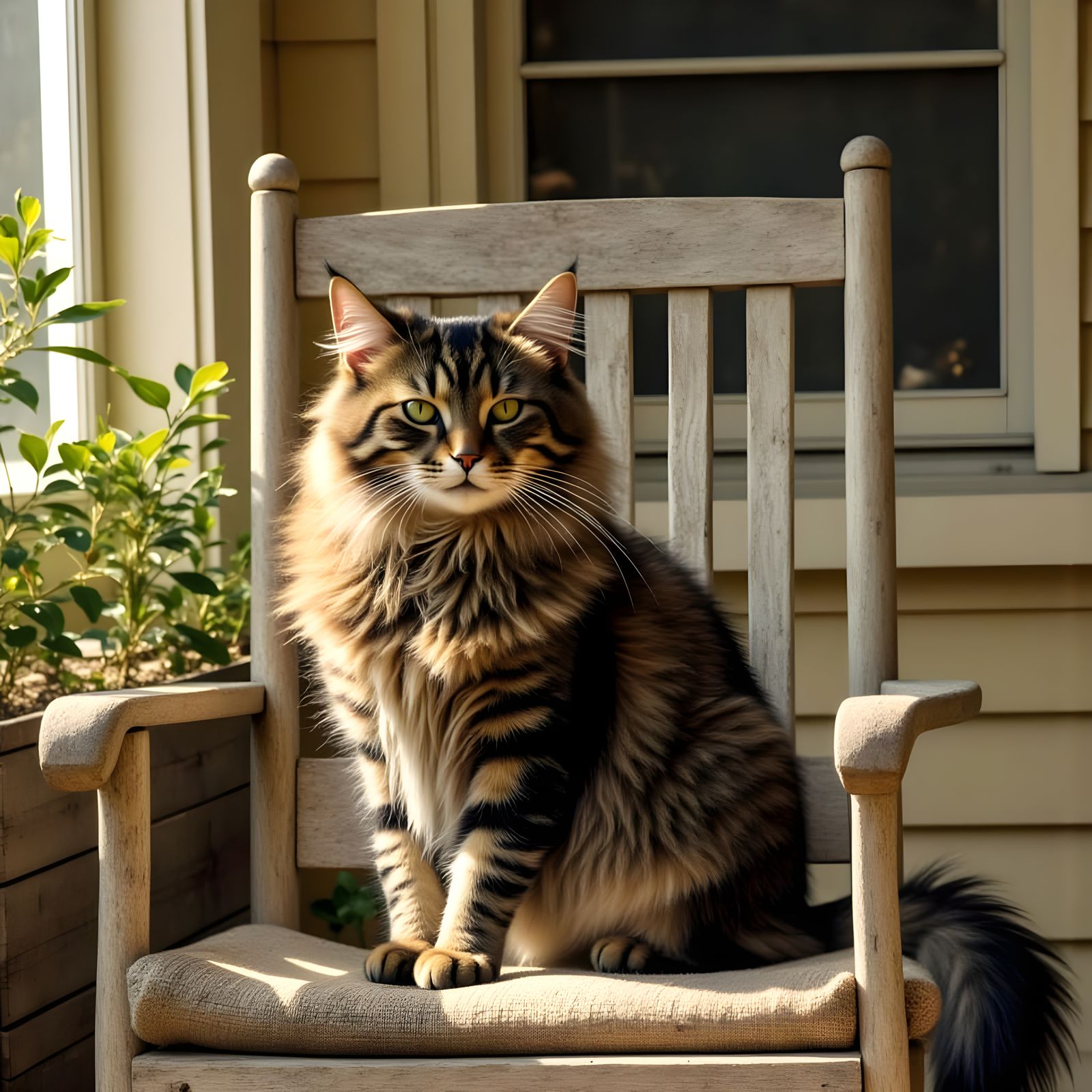 Long-Haired Cat Relaxing on Farmhouse Porch