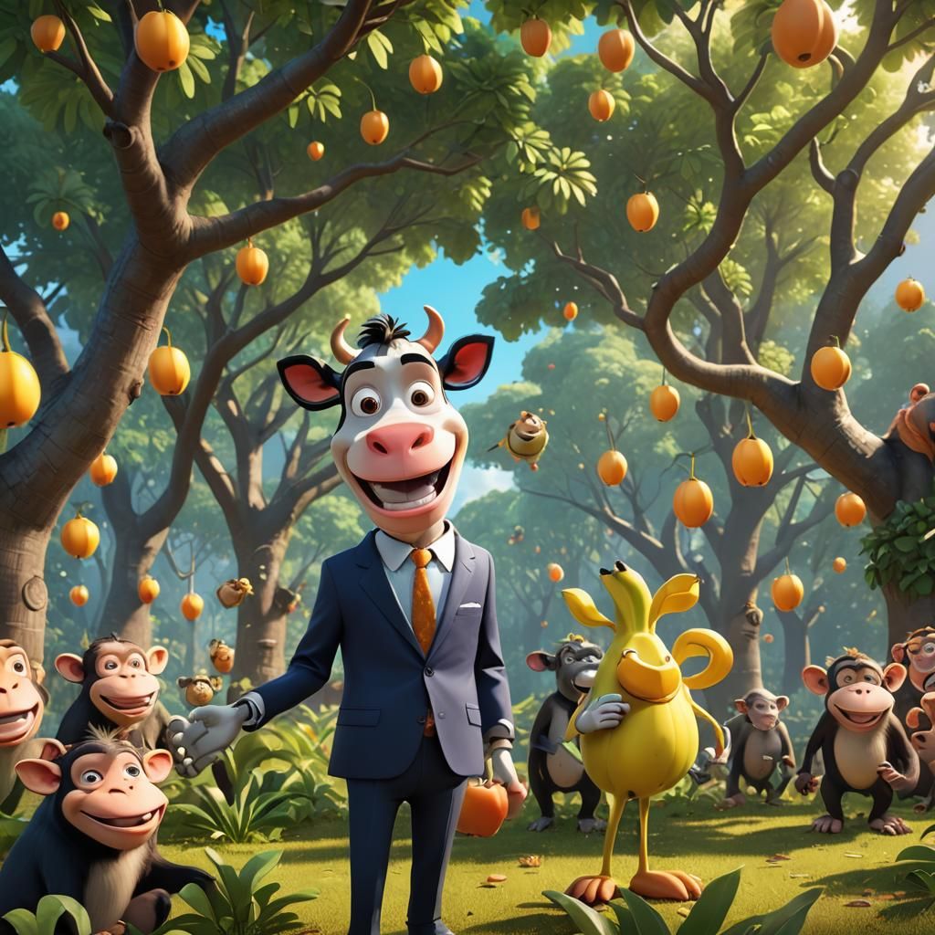 Cow in Suit with Monkeys: Pixar-Style 3D Art