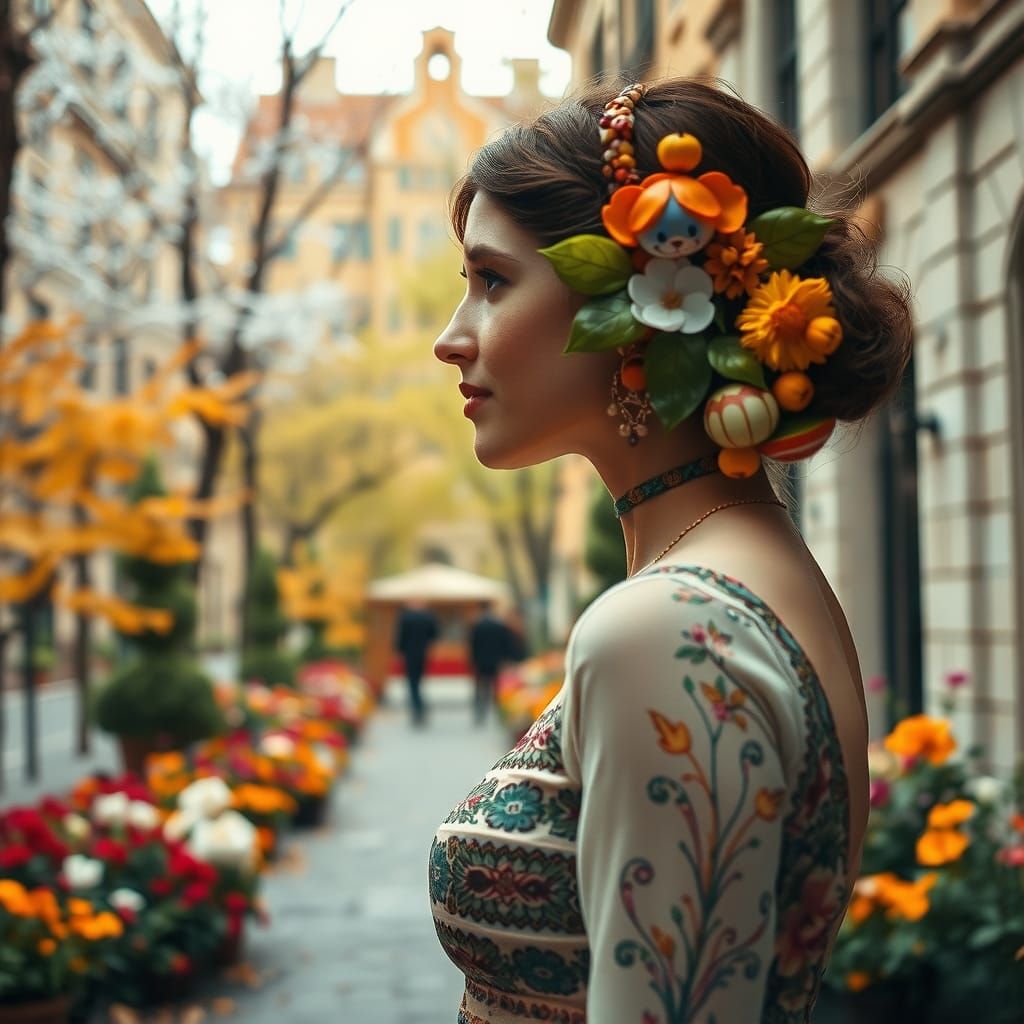 Art Nouveau Woman in Double Exposure Seasons