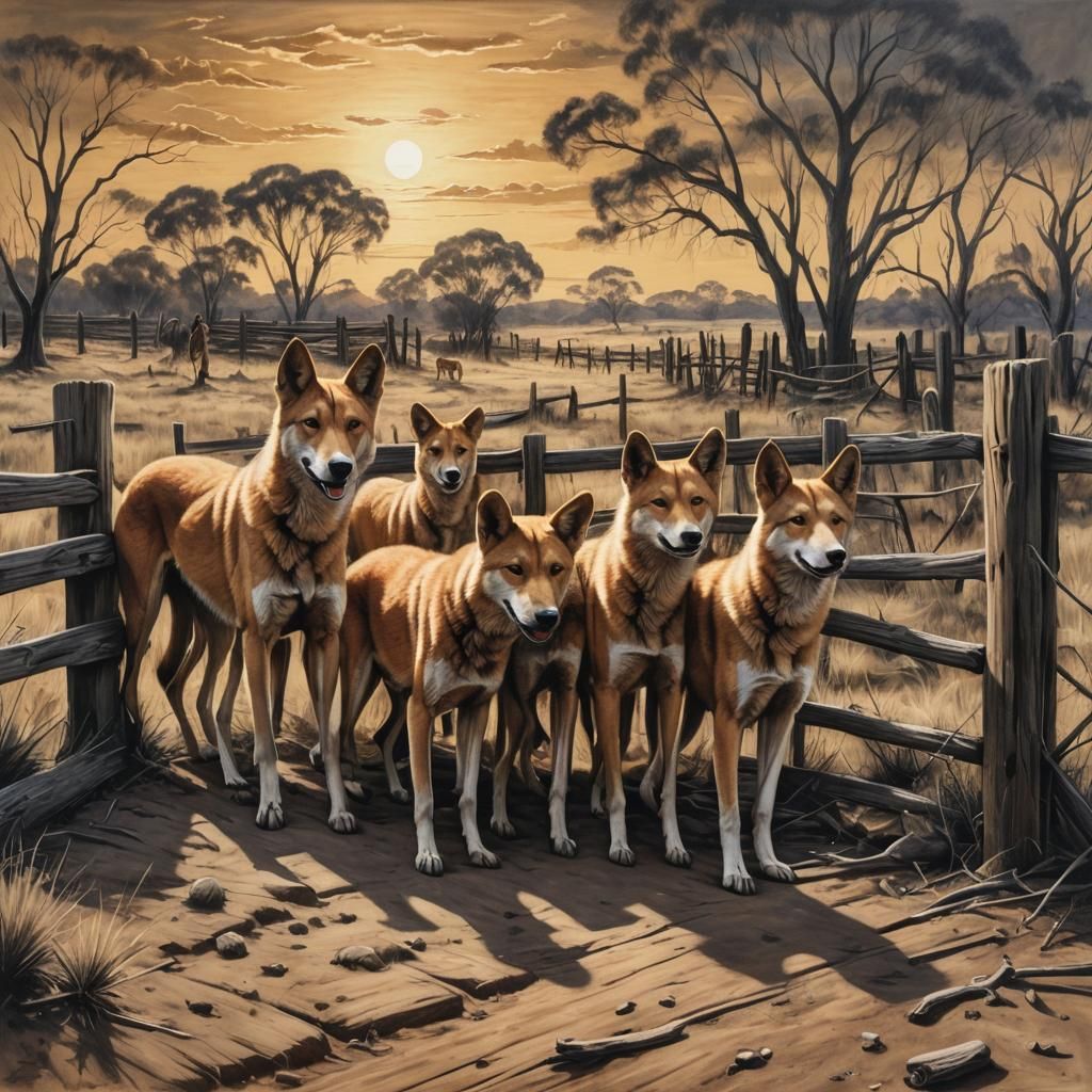 Dingoes Gather at Sunset in Australian Landscape