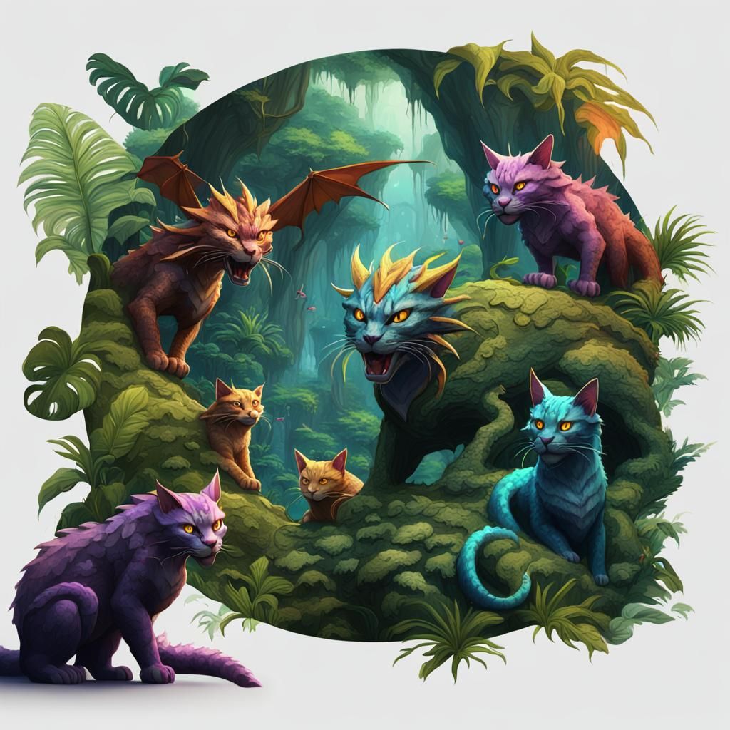 Dragon Cats in Jungle: Detailed Matte Painting