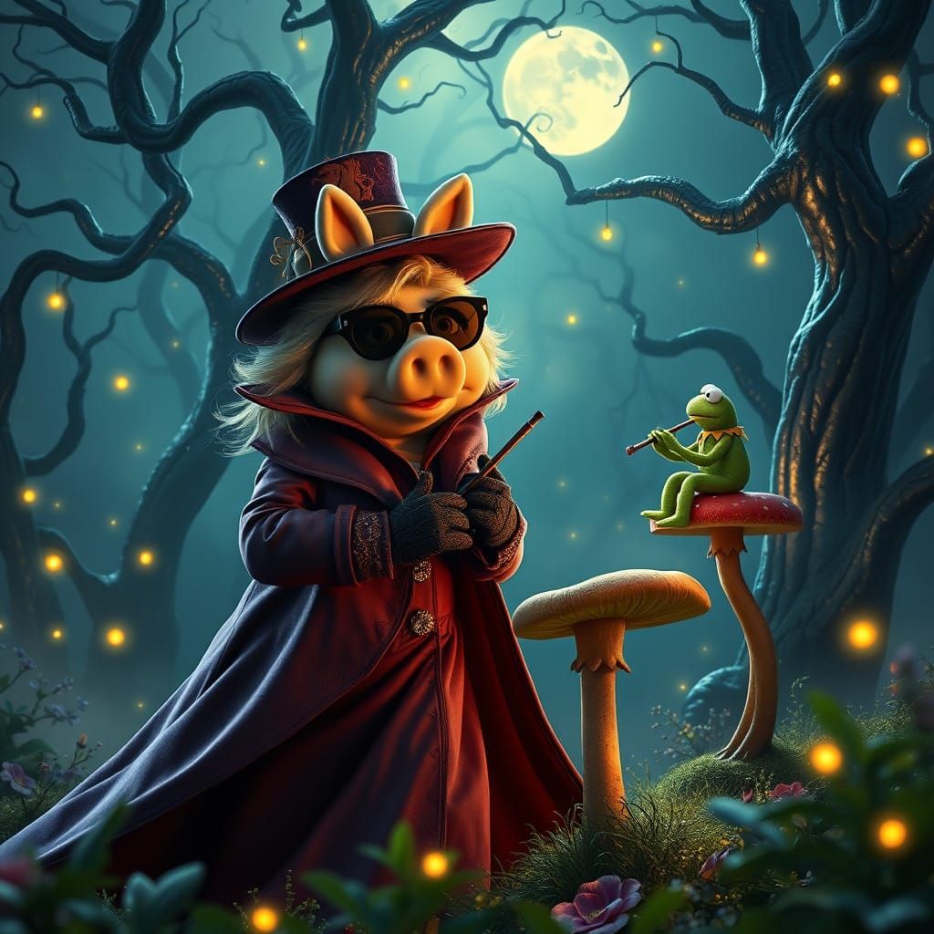 Mystical Spy Miss Piggy in Whimsical Moonlit Forest