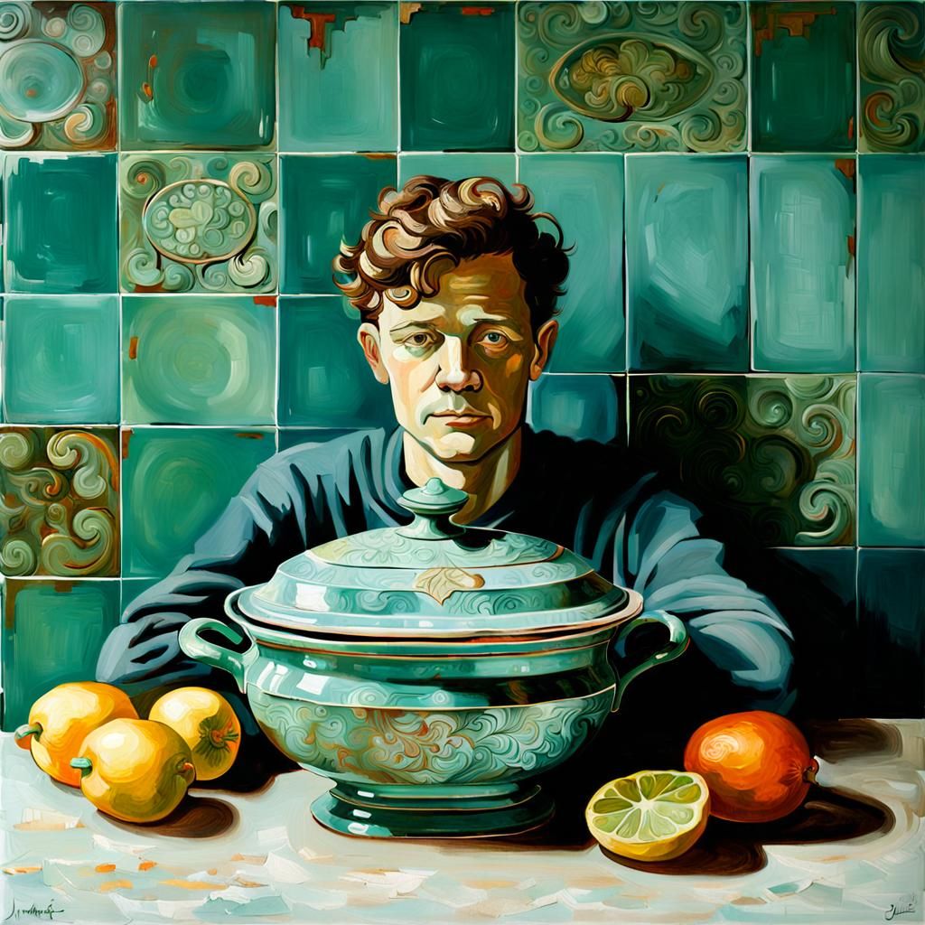 Cook in Kitchen with Soup Tureen as Impasto Oil