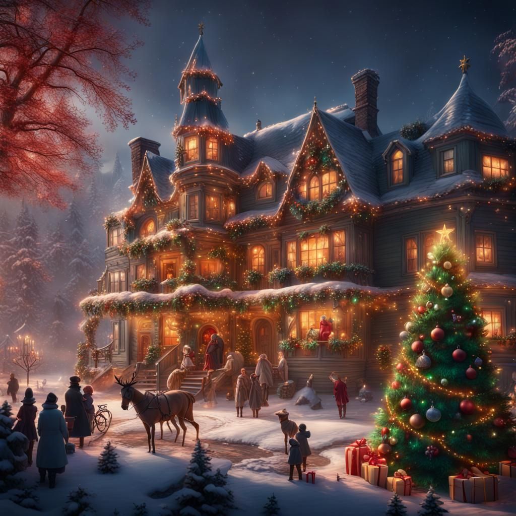 Colorful Old Fashioned Christmas Family Scene