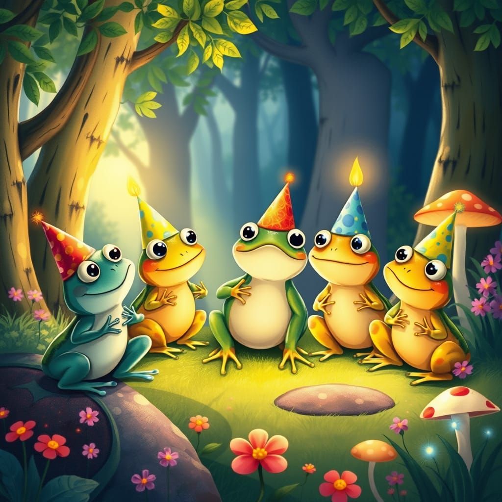 Frogs Celebrate Salamander's Birthday in Enchanted Forest
