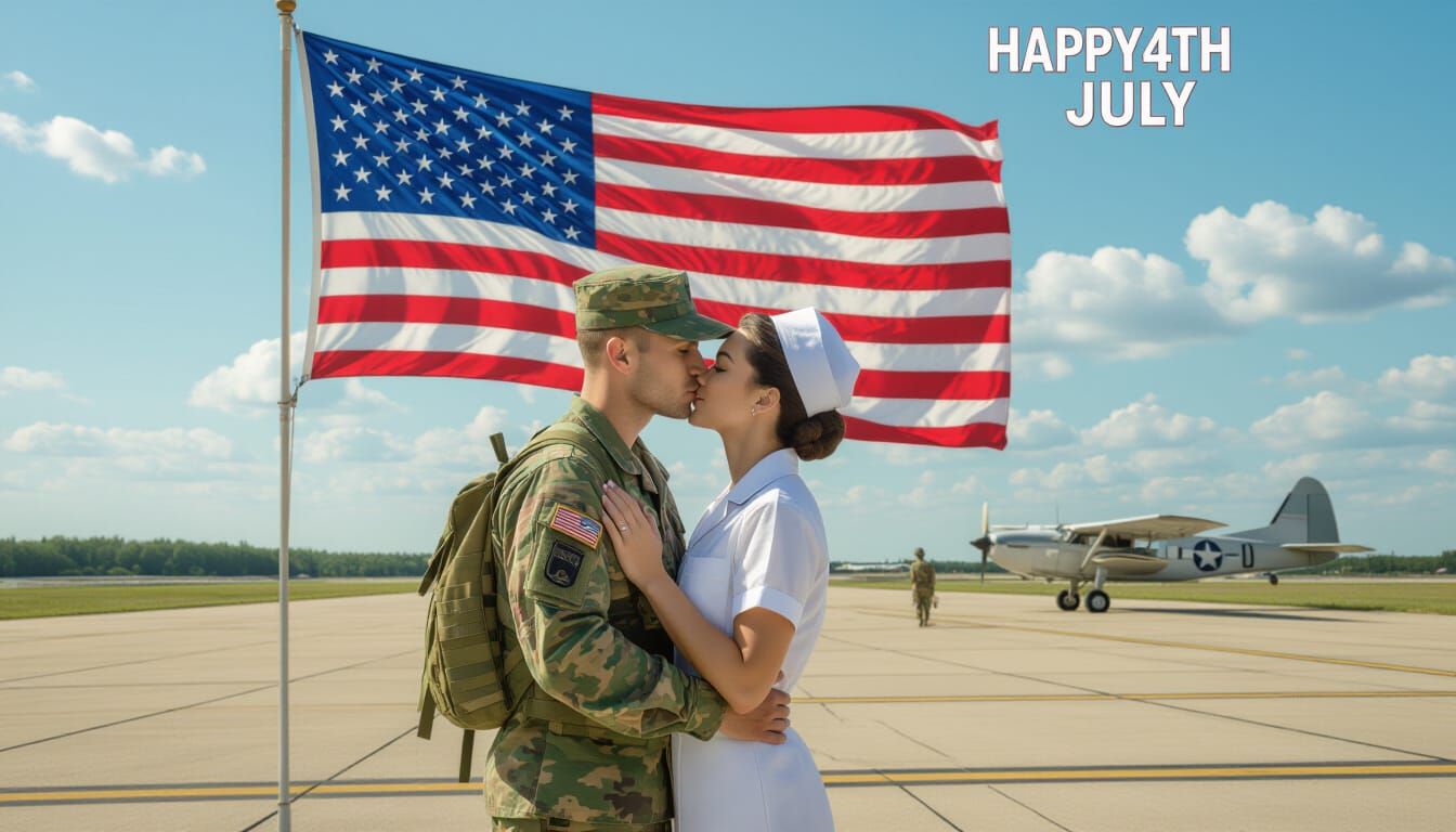 American Flag Kiss in Moebius Style