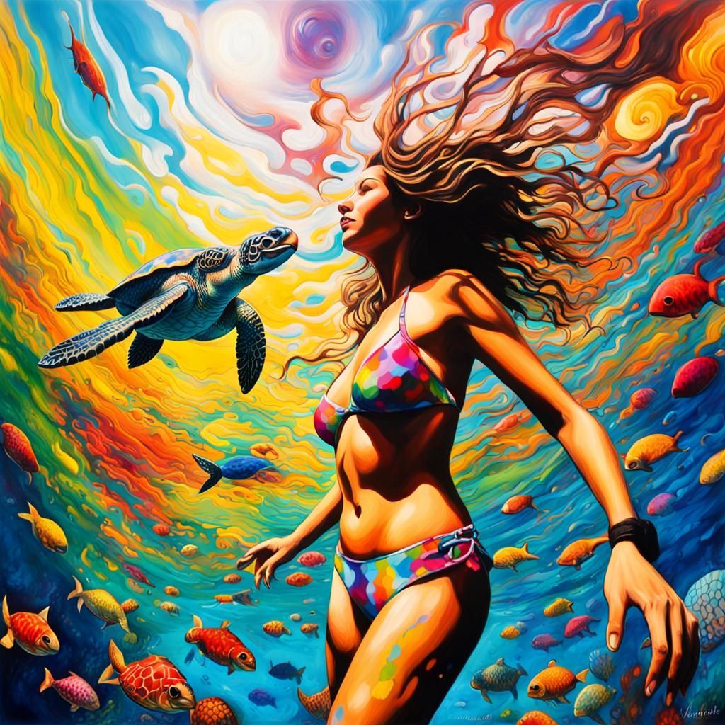 Underwater View with Sea Turtle in Graffiti Art