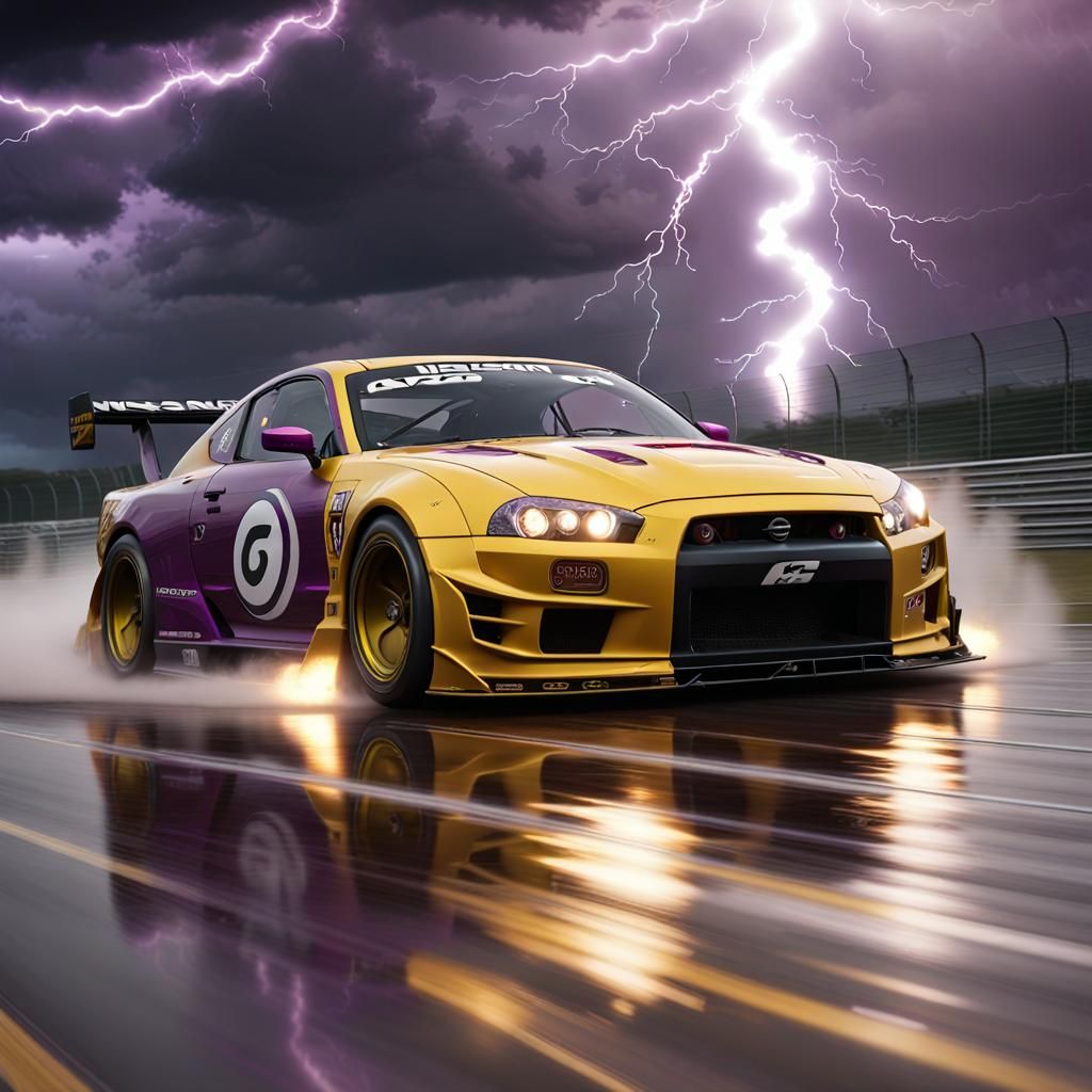 Nissan Drifting in Lightning Storm, Dark Fantasy Art
