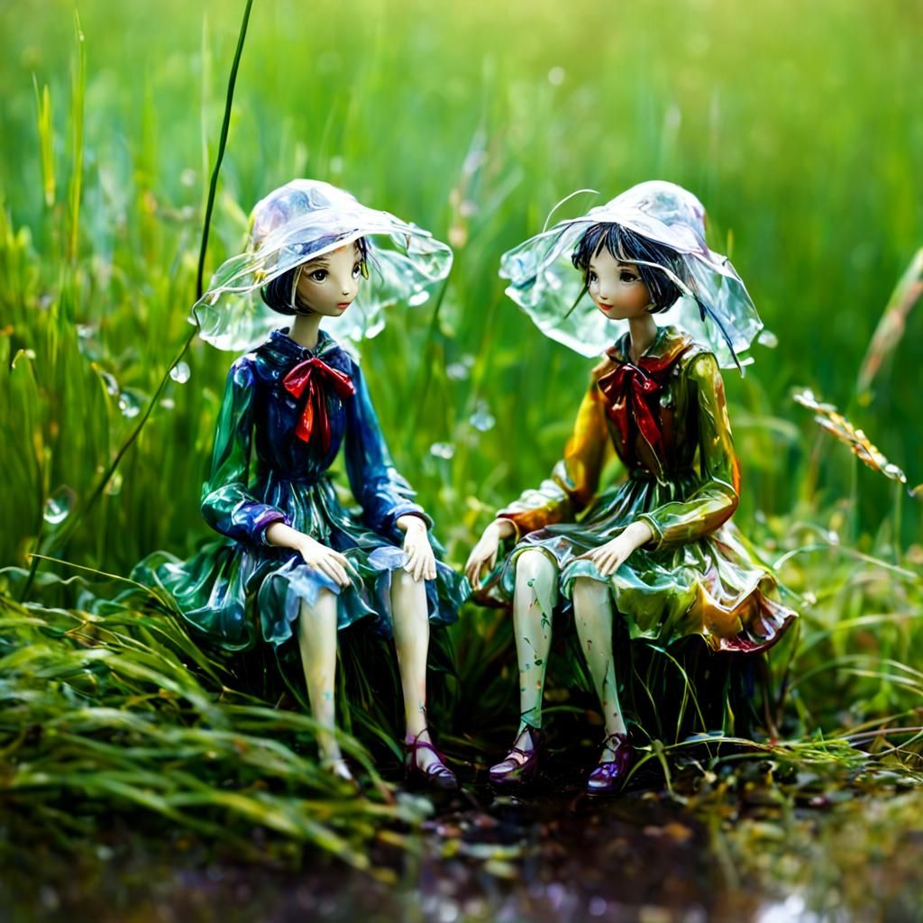 whimsical in the Meadow  after a rain sitting 2 translucent clear thin glass figures with sticky hair, dressed in thiny ...