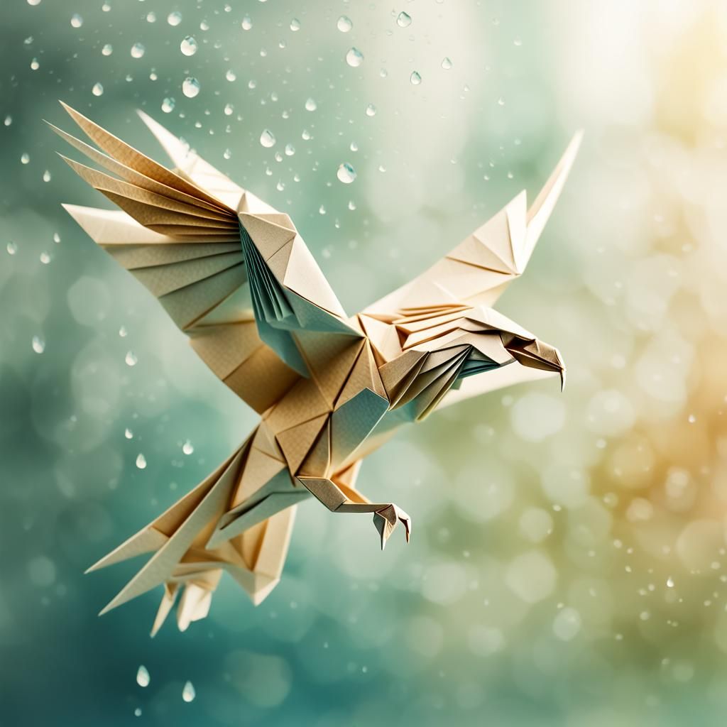 Origami Eagle in Rain: Papercraft Watercolor Art