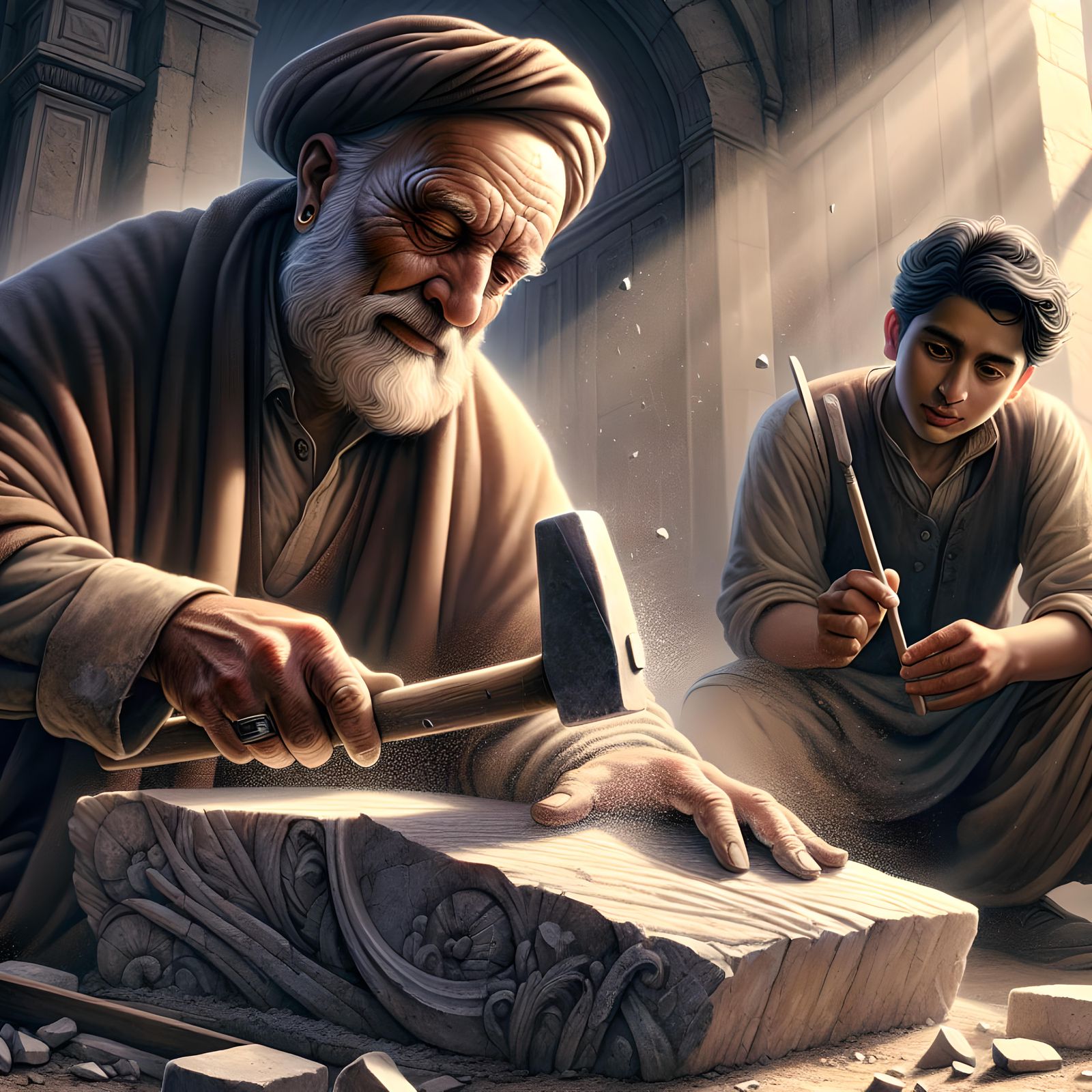 Master Stonemason Teaching Apprentice: Hyper-Realistic Illus...
