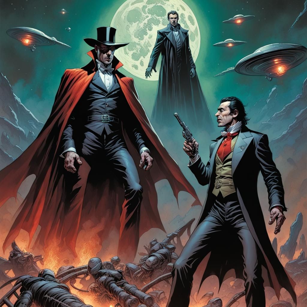 Dracula and Van Helsing vs Martians Comic Art