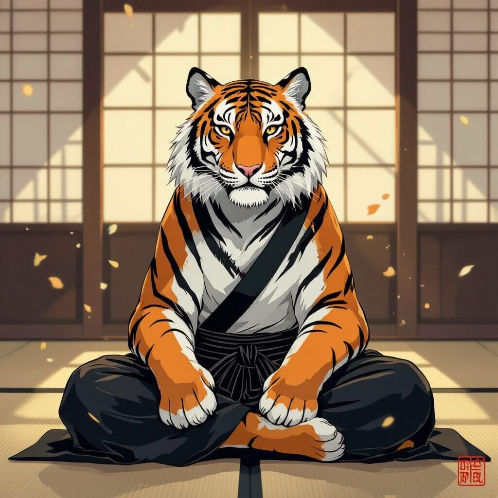 Grandmaster Bengal Tiger in Serene Dojo Ukiyo-e Style