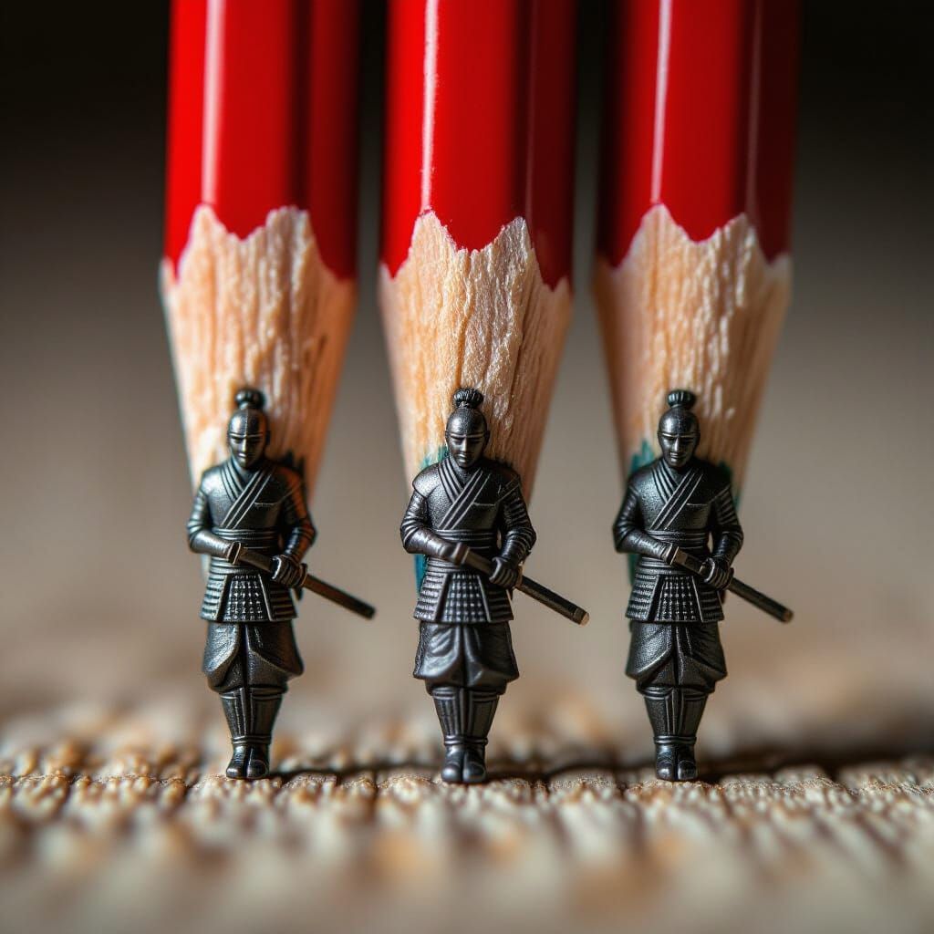 Macro Photo of Samurai Pencils with Carved Figures