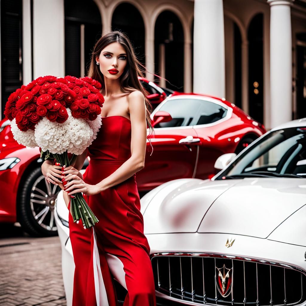 Model with Flowers and Red Maserati Car