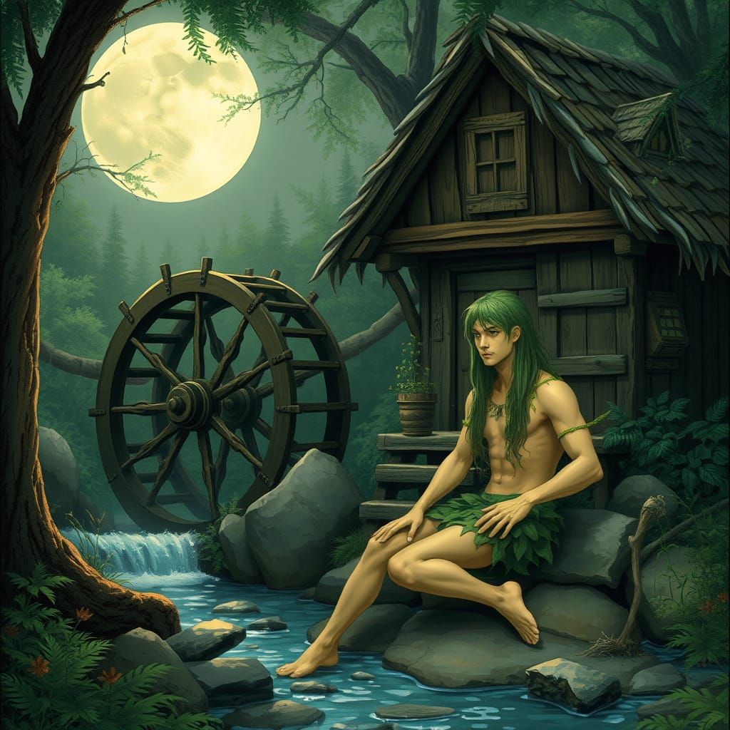 Rustic Water Wheel and Enchanted Forest Figure