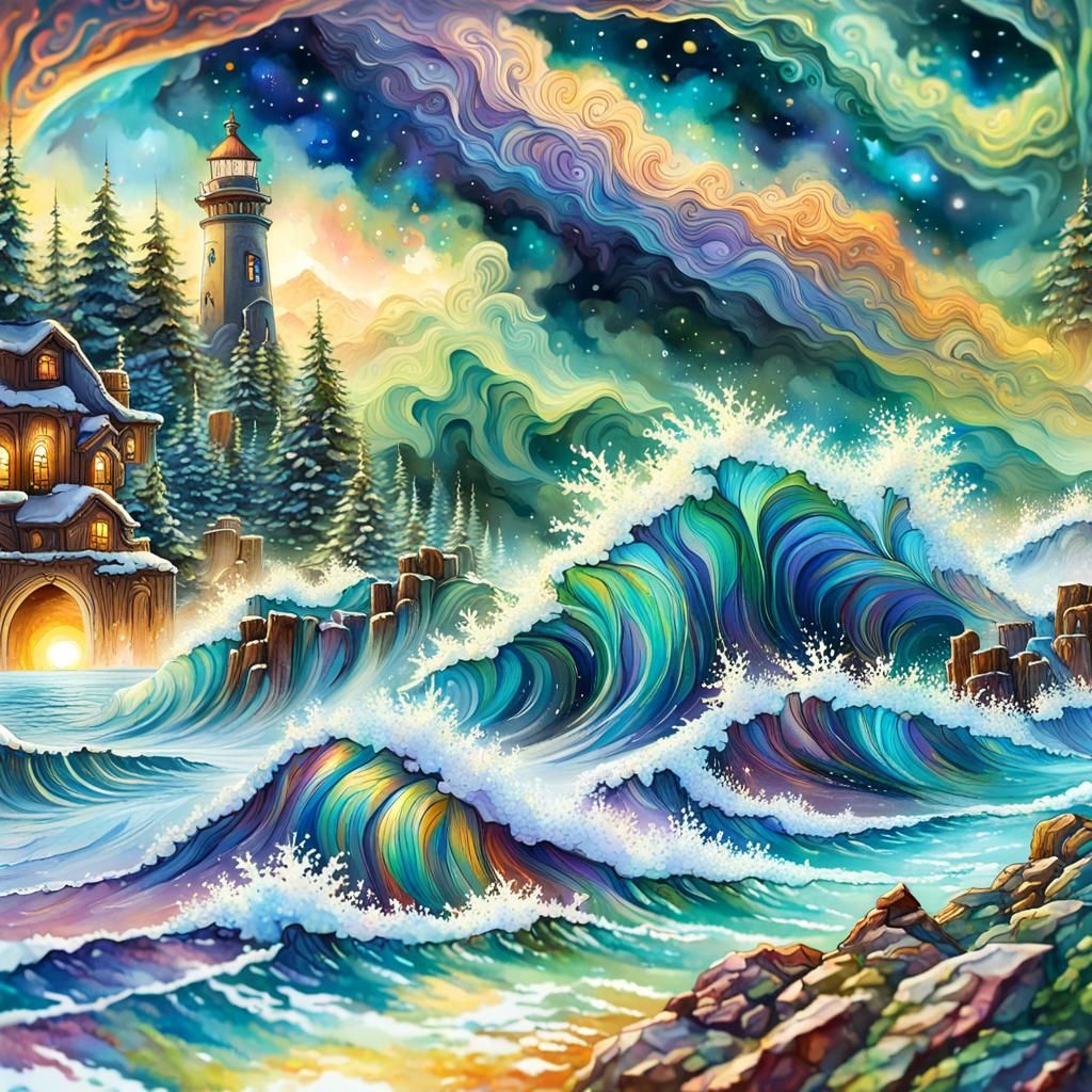 Chaotic Winter Seascape Lighthouse in Watercolor Style