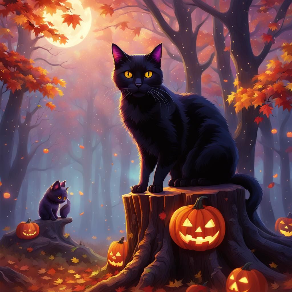 Mystical Black Cat in Autumn Fantasy Landscape