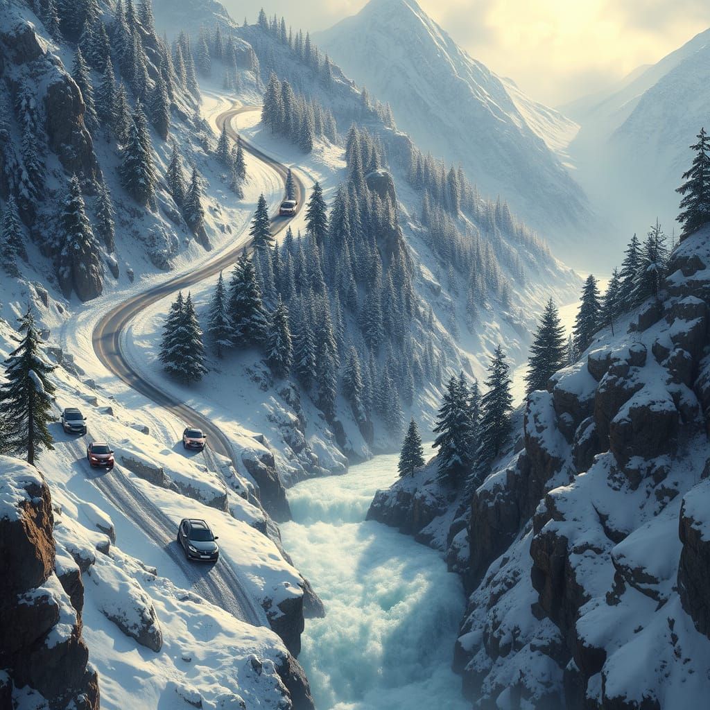 Treacherous Mountain Road in Winter Landscape
