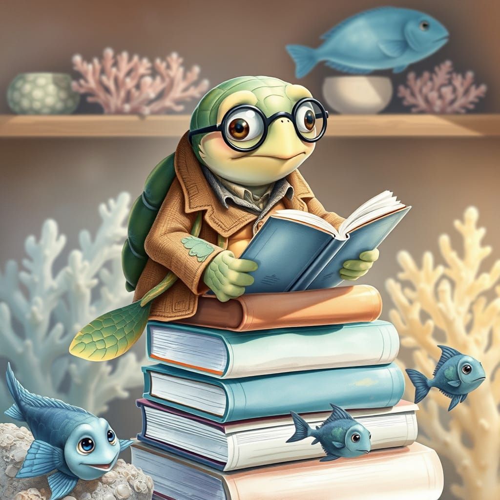 Underwater Library: Turtle Narrates in Watercolor Style