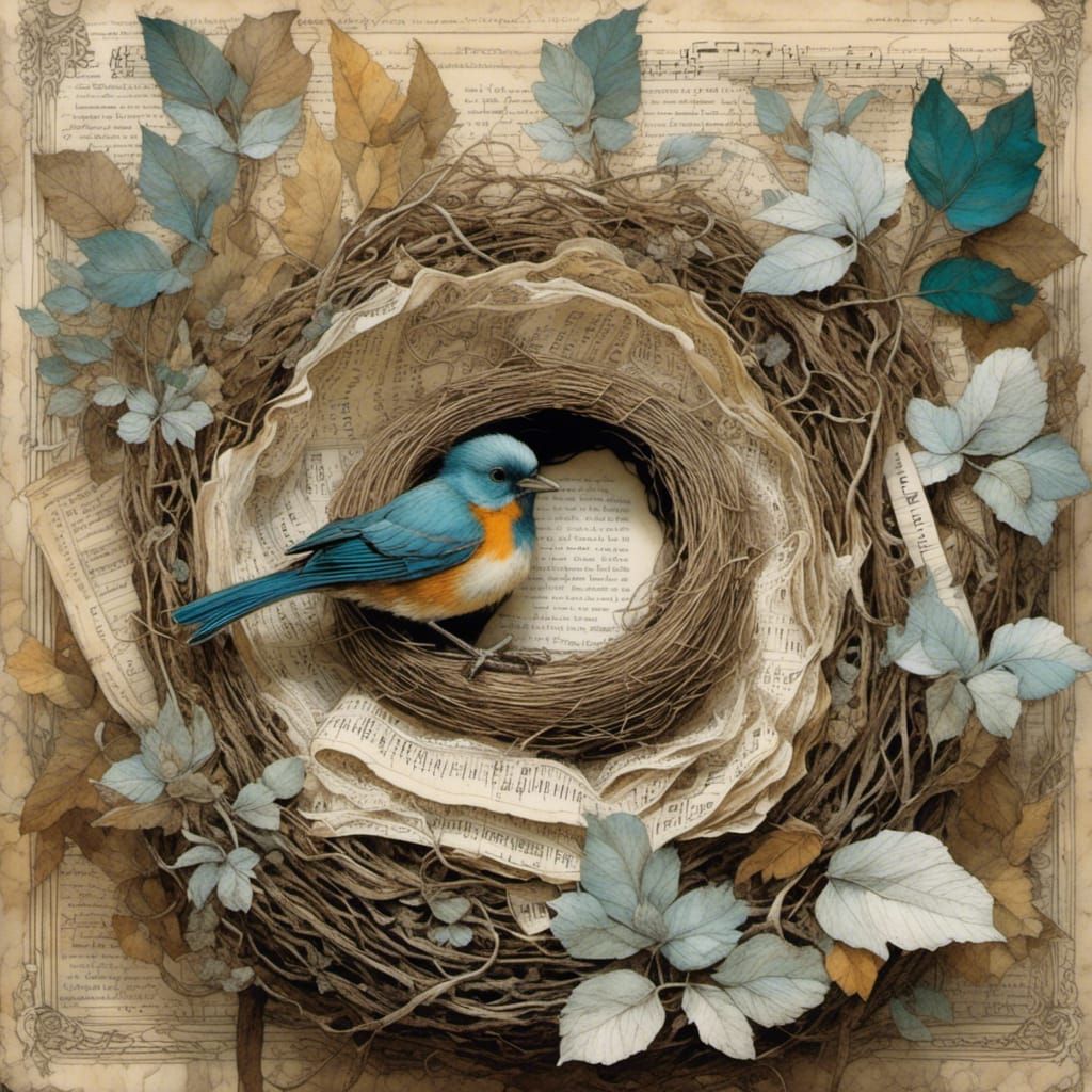Bird Nest as Mixed Media Paper Collage Painting