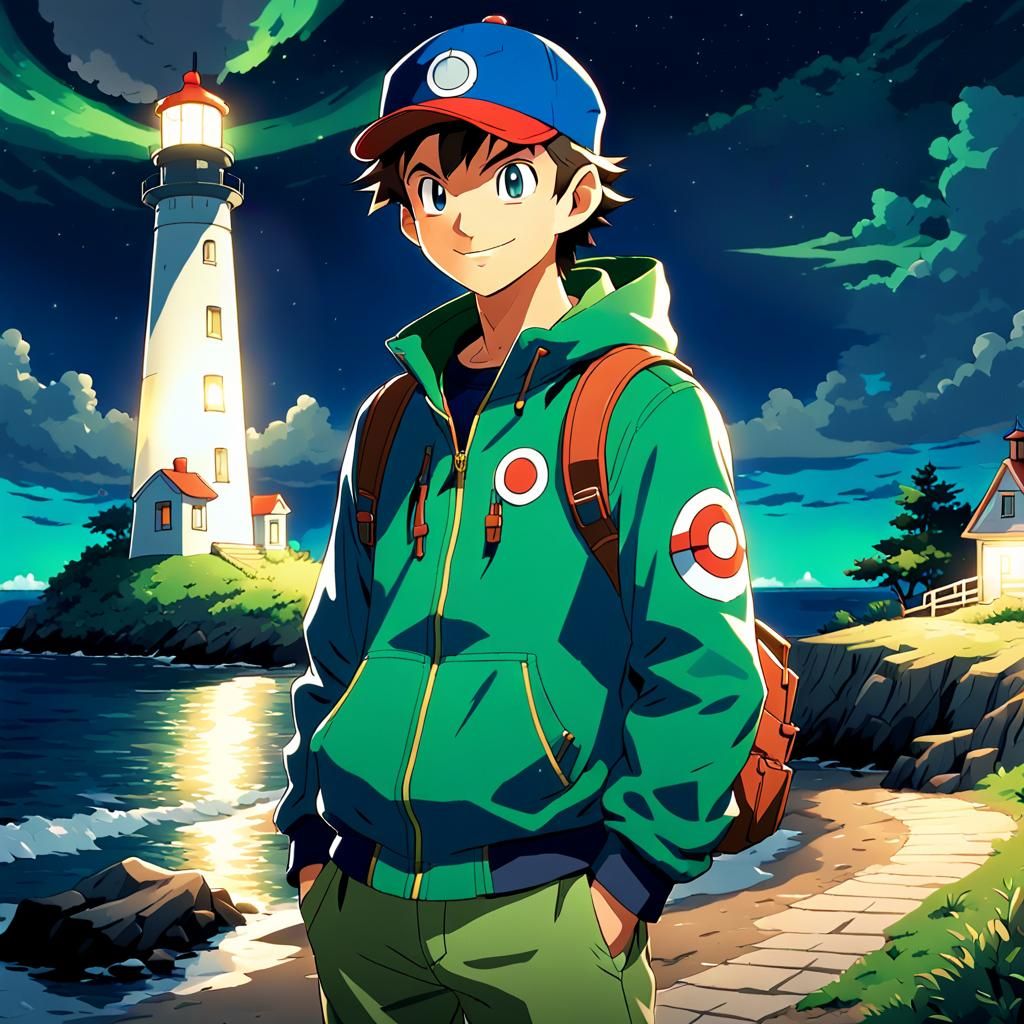 Pokemon Trainer Watches Lighthouse: Manga Scan Anime Art